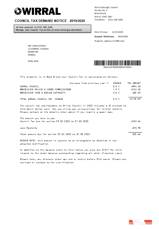 United Kingdom Wirral council tax bill template in Word and PDF format